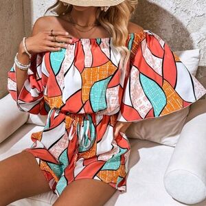 Women's Geometric Printed Off Shoulder Romper Shein